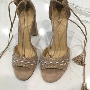 Women’s Ivanka Trump Karita Block Heel Lace Up Sandals, Light Natural Suede, 8.5